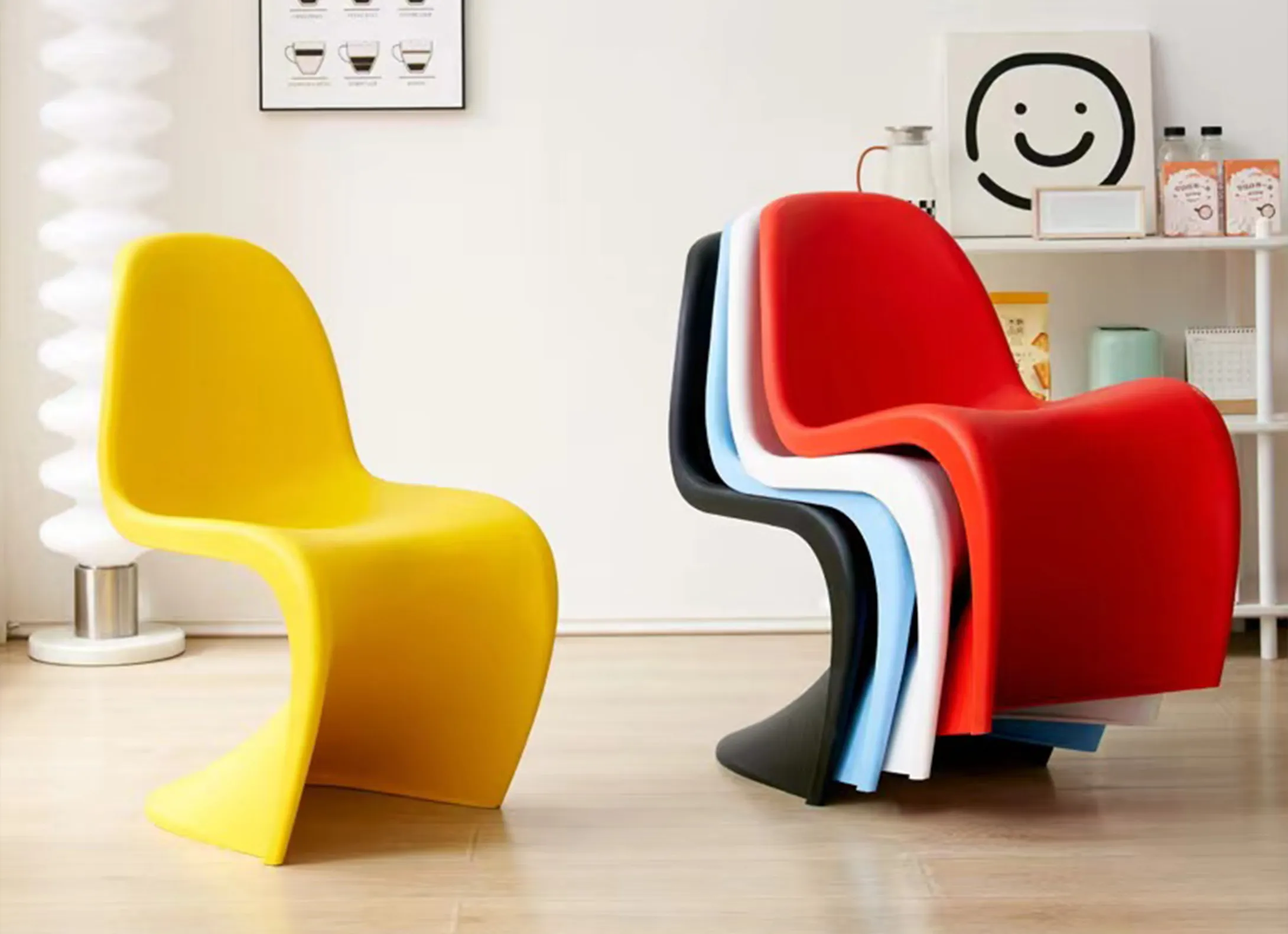 Colorful modern chairs stacked together in a stylish room